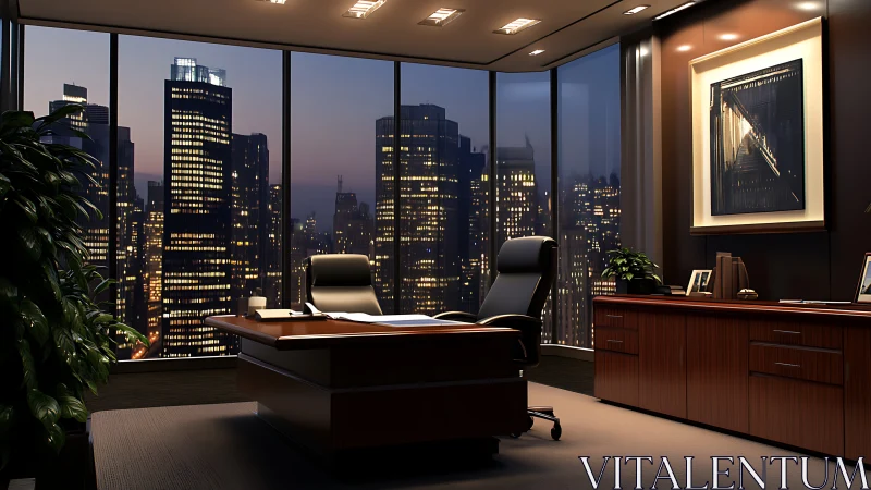 Modern executive office interior with city skyline view.