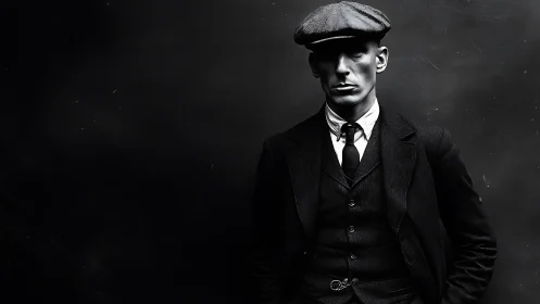 Monochrome portrait of stern man in flat cap and three-piece suit