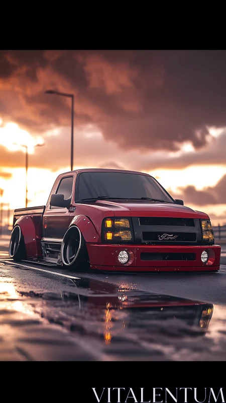 Ultraslammed red pickup under stormlit sunset reflections.