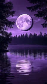 Violet moonrise drifting over whispering forest waters.