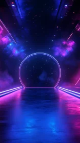 Neon circular portal stands in reflective corridor with starfield