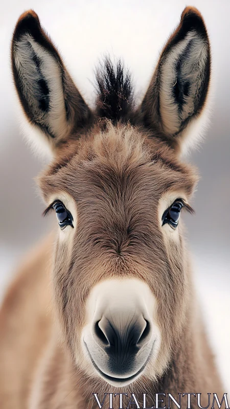Close-up donkey portrait with soft winter background.