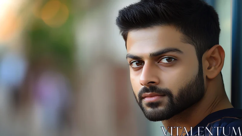 Cinematic close-up portrait of bearded man in soft bokeh.