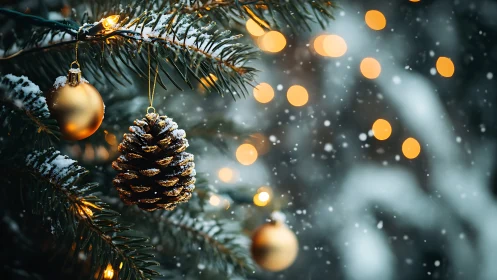 Shallow depth-of-field study of snowy pinecone and bauble decor