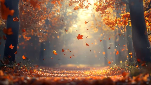 Golden autumn leaves dancing along a glowing forest path.