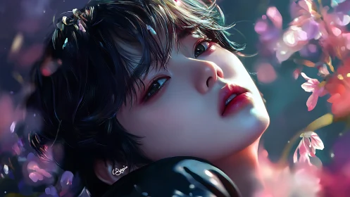 Chromatic close-up portrait amid defocused floral bokeh field.