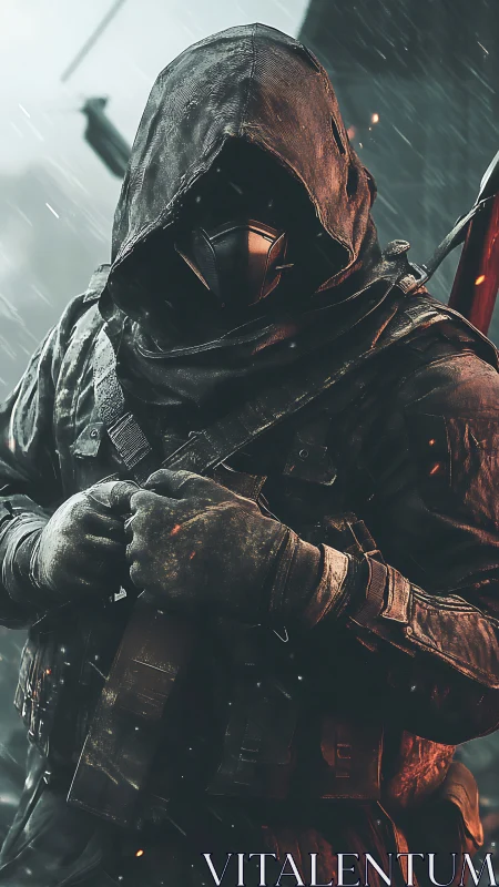 Hooded futuristic soldier waits in rain-soaked urban ruins