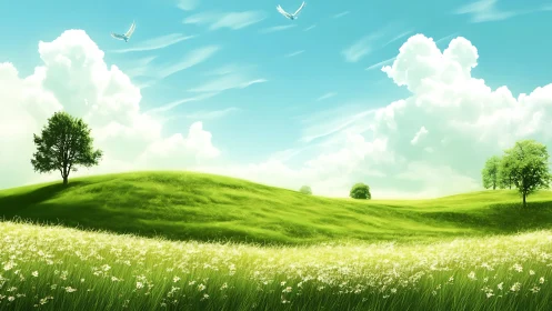 Gentle green hills under a bright sky invite quiet wonder.