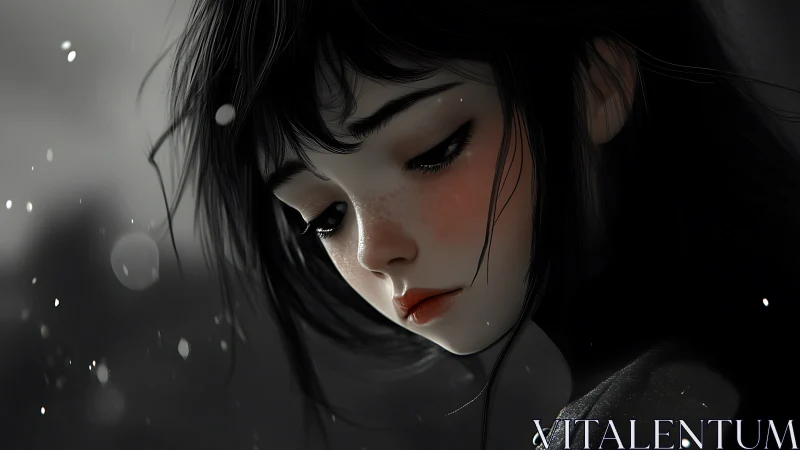 Softly lit girl in quiet snowfall, lost in gentle thought.