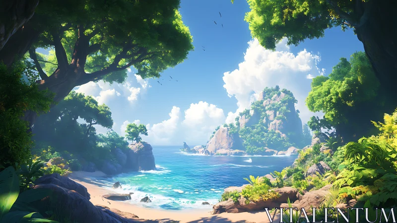 Tropical Coastline with Rocky Islets Beneath Verdant Canopy.