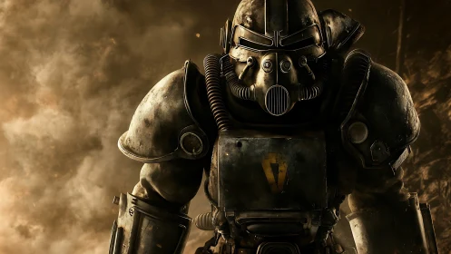 Steel titan strides through dust-choked postwar twilight