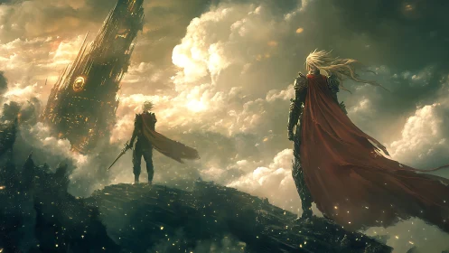 Two skybound warriors gaze toward a distant burning citadel.