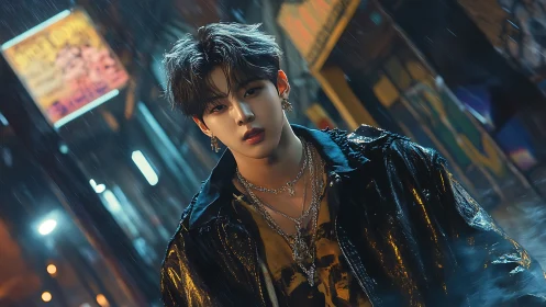 Neon-lit street portrait captures moody night rain atmosphere