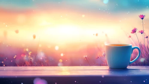 Sunrise tea on a pastel meadow balcony of quiet magic.
