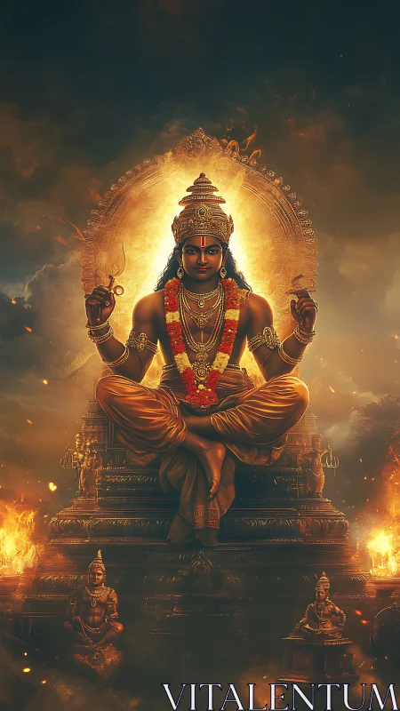 Radiant Hindu deity seated on fiery golden temple throne.