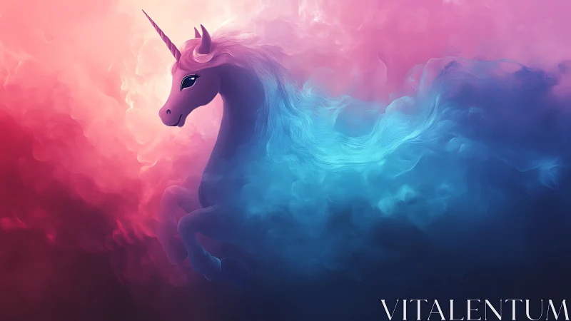 Unicorn silhouette floats through pink and blue digital clouds