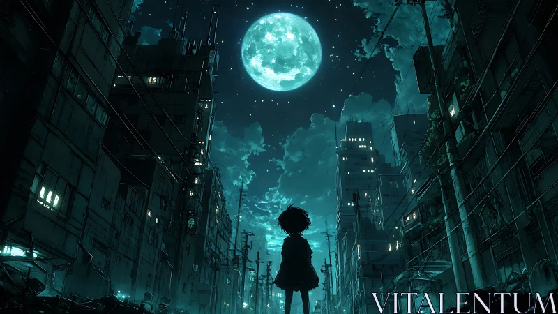 Moonlit kid wandering neon ruins of a forgotten cityscape.