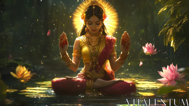 Divine lotus meditation in golden light over reflective water.