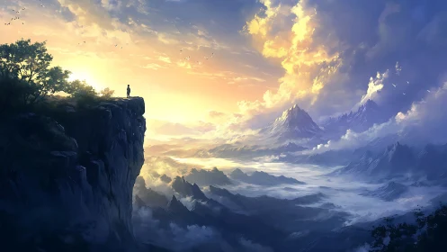 Solitary figure stands on cliff above vast misty mountains