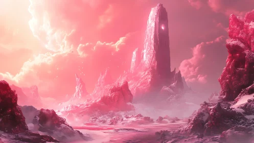 Dreamy crimson spire rises over a quiet alien winter valley