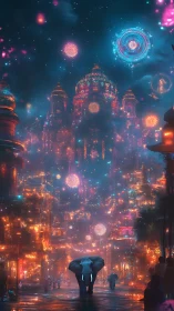 Bioluminescent elephant walks through a neon festival city.