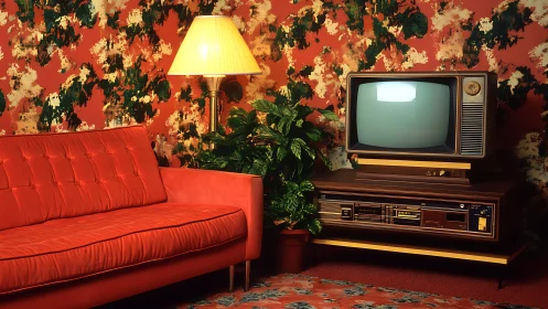 Retro living room glows with bold colors and vintage charm