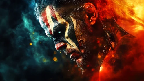 Profile portrait shows painted male face amid fire and smoke