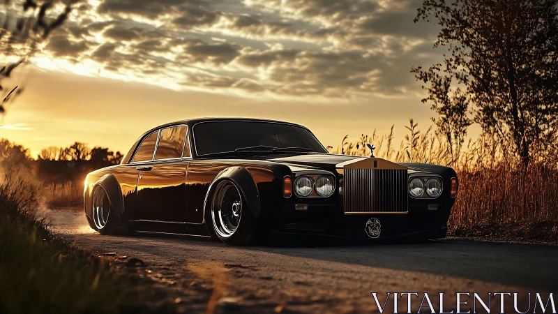 Low-slung luxury cruiser prowls a molten sunset road.