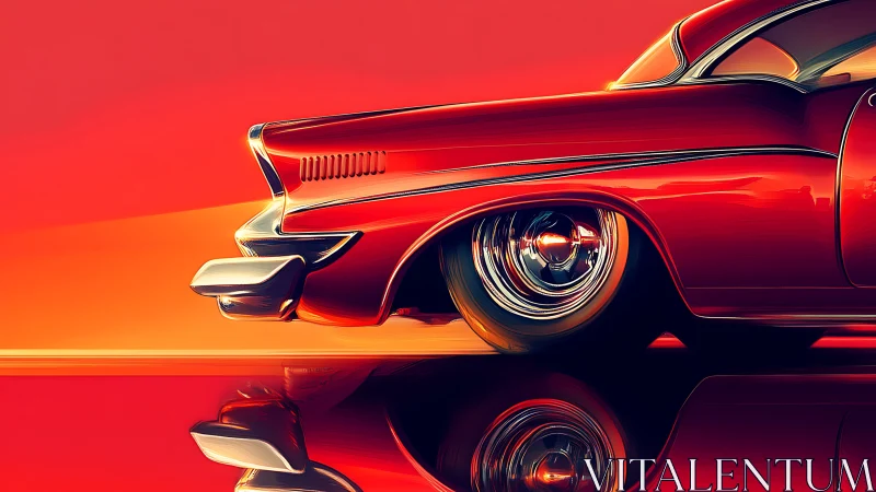 Retro red coupe tailfin under bold sunset gradient light.