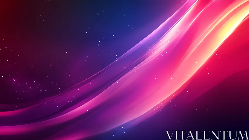 Neon light ribbons curve across a cosmic gradient sky.