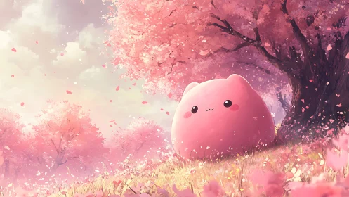 Smiling pink blob relaxes under dreamy cherry blossoms.