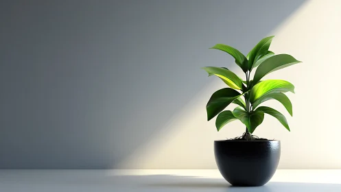 Directional daylight on glossy-potted tropical foliage study.