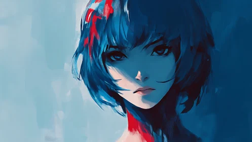 Digital portrait shows blue haired figure in frontal composition