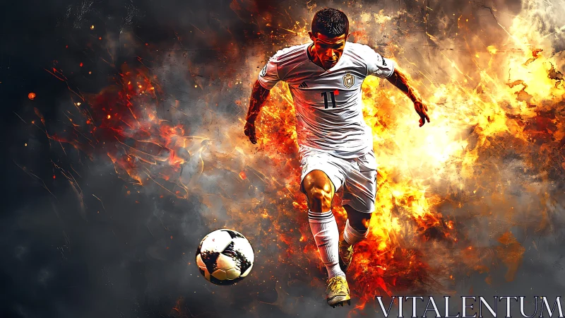 Dynamic football striker in blazing fiery motion graphic.