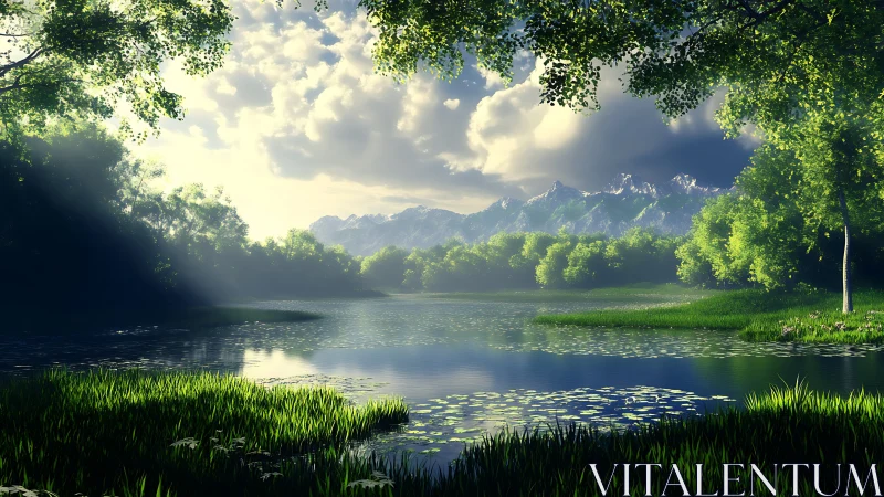 High dynamic range forest lake with backlit foliage and peaks