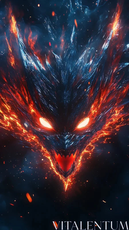 Infernal crystal demon face emerges in blazing molten fire.