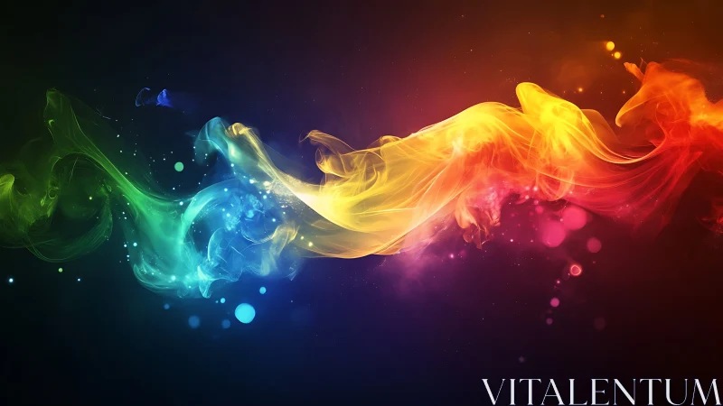 Vibrant rainbow smoke flows dynamically across a dark void