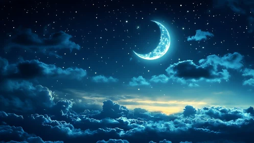 Crescent moon sailing above whisper-bright midnight clouds.