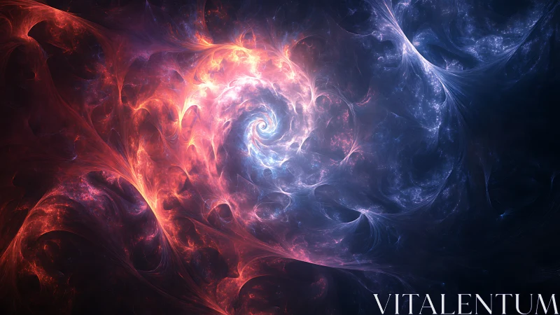 Spiraling nebula of red and blue cosmic energy forms center