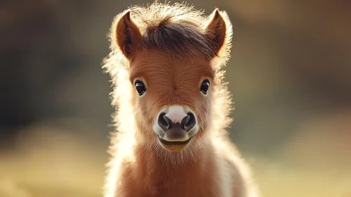 Young pony stands facing camera in warm soft backlight