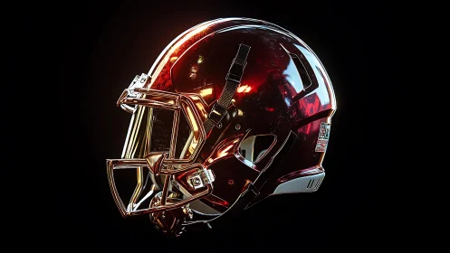 Chrome red football helmet under dramatic studio lighting.