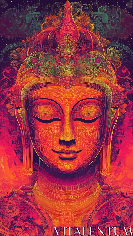 Neon mandala Buddha portrait radiates intricate sacred calm.