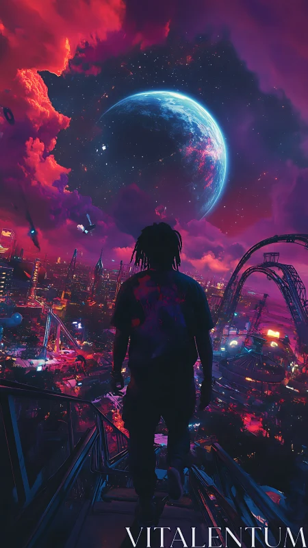 Solitary figure overlooks neon city beneath colossal moon