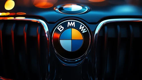 Midnight city lights reflected on a bold car emblem.