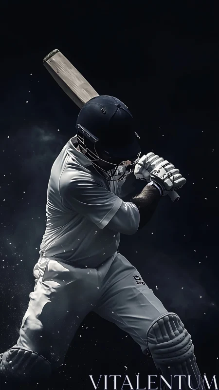 Night-sliced cricket swing frozen in a storm of sparks.