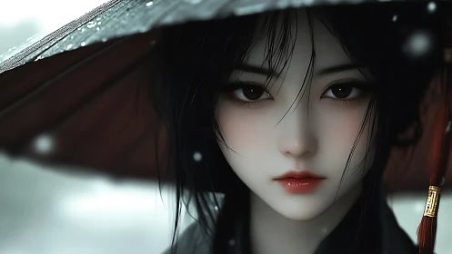 Rainlit gaze of a porcelain warrior beneath quiet storm.