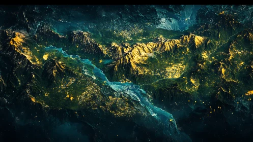 Luminous mountain range with electric river and glowing valleys.