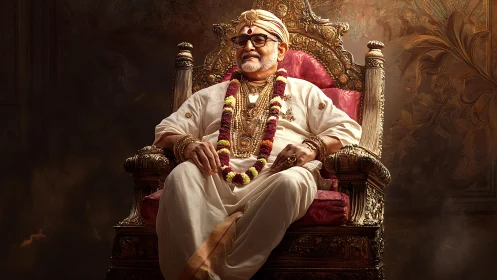 Regal elder in ornate throne room with golden opulence.