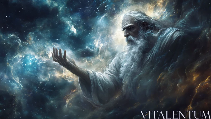 Cosmic architect manifesting nebular matter with gestural force.