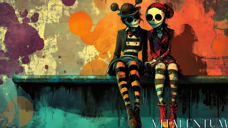 Skull-faced friends sharing neon secrets on a painted wall.